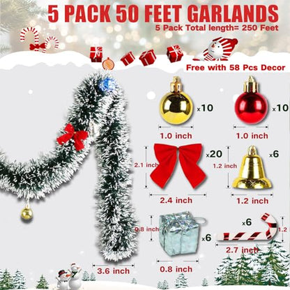 NQN 5 Pack 250Ft Greenery Garland with Snow, Dark Green Snowflake Dots, Artificial Christmas Pine Streamers for Indoor/Outdoor Decorations - size: 250 Feet/Dark green