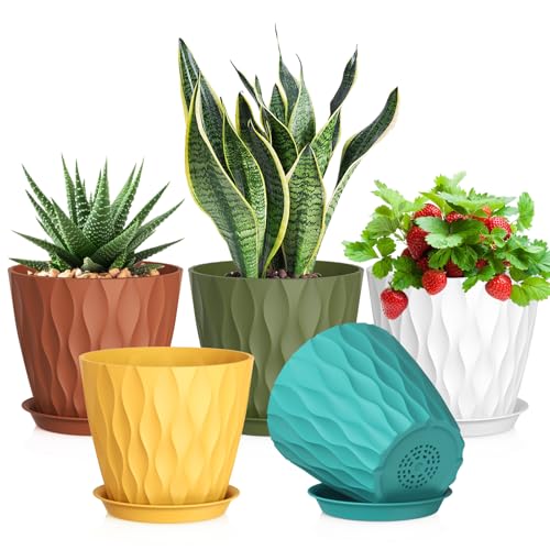 Meowell 7 inch Plant Pots for Indoor Outdoor Plants, 5 Pack Thick Nursery Pots with Drainage Holes and Saucers, 3D Modern Wave Texture Plastic Planter Pots for Flowers and House Plants, Multicolor - color: Colorful, size: 7 inch 5 pieces