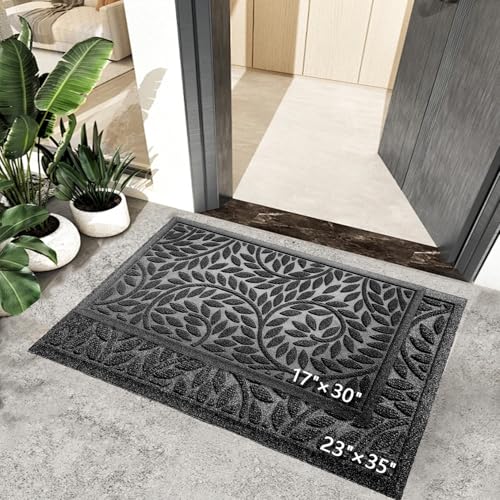 Bulijojo Front Door Mat Entrance,Durable Heavy Duty Welcome Mat,Thick Absorbent Natural Rubber Non Slip Mat,Sturdy Entryway Black 23"x35" - color: Black, size: 1'11" x 2'11" (Leaf)