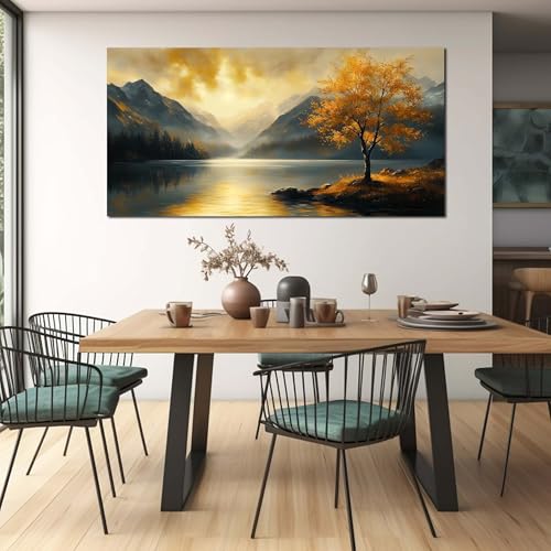 Ouzzlie Tree Wall Art for Gold Canvas Art Living Room - color: Yellow, size: 59"L x 29"W