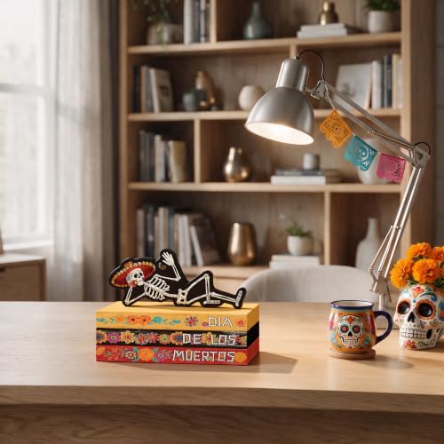 Smile Dia de Los Muertos Wooden Book Stack Decor - style: Muertos
