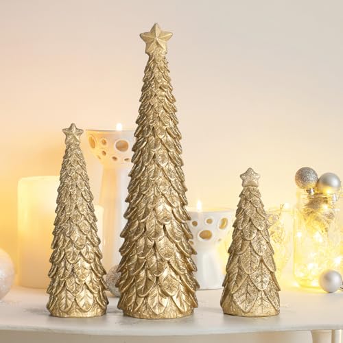 Beeveer 3 Pcs Christmas Tree Figurines Set Glitter Resin Tabletop Christmas Tree Decor Elegant Xmas Tabletop Centerpieces for Tables Desk Shelf Mantel Holiday Indoor Decorations(Gold) - color: Gold