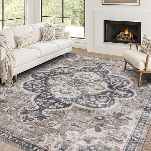 ReaLife Rugs Machine Washable Area Rug - Living Room Bedroom Bathroom Kitchen Entryway Office - Padded Low Pile Stain Resistant Premium - Boho Farmhouse Vintage - Joy - Brown Beige 4' x 6' - color: Medallion - Brown Ivory, size: 4' x 6' (Rectangular)