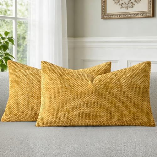 a moment Mustard Yellow Chenille Throw Pillow Covers 12x20 Inch Pack of 2 Modern Decorative Throw Pillow Covers Farmhouse Cross Covers Home Decor for Sofa Bedroom Living Room - color: Mustard Yellow, size: 20" x 12" (Pack of 2)