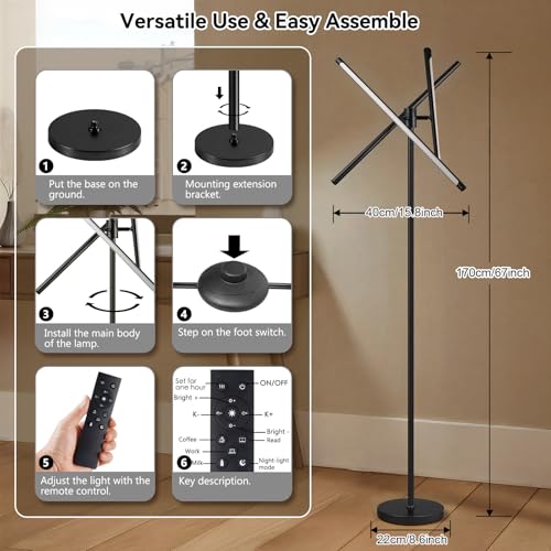 NUÜR Modern Black Floor Lamp, Dimmable LED Standing Lamp with Remote - style: 3-Bar Linear Black Floor Lammp