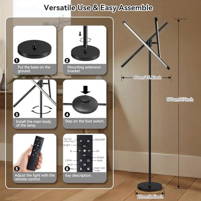 NUÜR Modern Black Floor Lamp, Dimmable LED Standing Lamp with Remote - style: 3-Bar Linear Black Floor Lammp