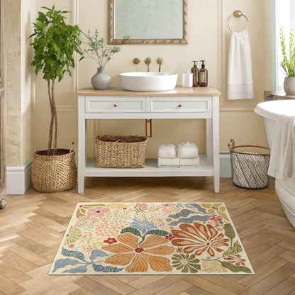 MUJOO 2x3 Washable Rug Floral Small Area Rugs Non Slip Low-Pile Beige - color: Beige, size: 2' x 3' (Rectangular)