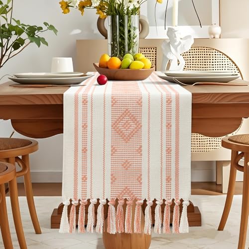 OTOSTAR Pink Table Runner 13x60 Inches Boho Rustic Table Runner with Tassels Farmhouse Kitchen Dining Macrame Table Decoration for Christmas Home Wedding Party Birthday Holiday Decor (Pink) - color: Pink, size: 13"×60"