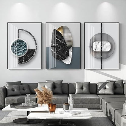 QKF 3Pcs Abstract Marble Geometric Crystal Surface Framed Canvas Wall Art - color: Black Ash, size: 24" X 32" X 3 pieces