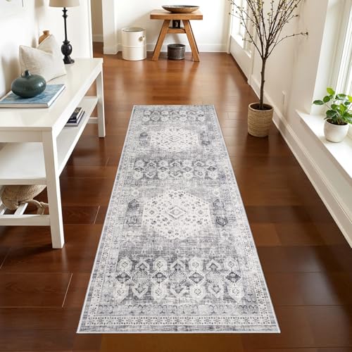 Washable 2x6 Kitchen Runner Rug - Indoor Hallway Rugs with Non Slip Backing Soft Stain Resistant Floor Carpet for Entryway Laundry Vintage Floor Home Decor Mat for Bathroom (2' x 6', Grey) - color: Grey, size: 2' x 6' (Runner)