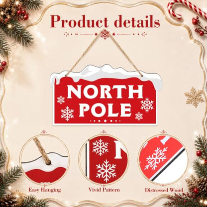 Marsui Christmas Wood Hanging Sign with Jute Rope, North Pole - style: North Pole