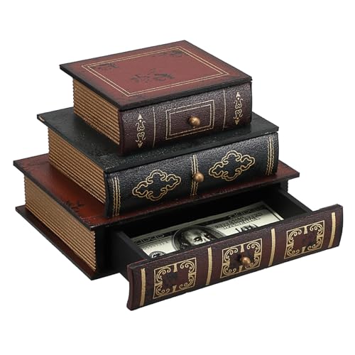 ELLDOO Vintage Decorative Book Box with Three-Layer Drawer, Antique Decorations Wooden Fake Book Jewelry Box Decorative Storage Drawer for Jewelry, Small Items, Tarot Cards