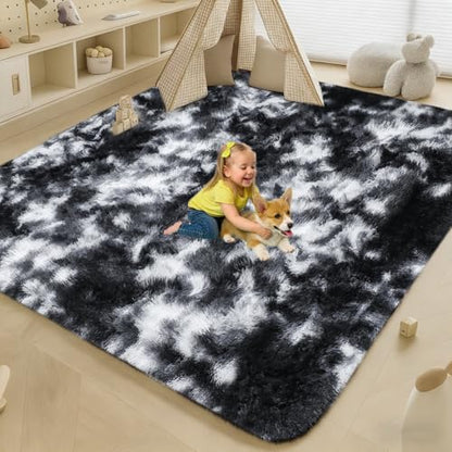 Black White Fluffy Shag Area Rug, Non-Slip Soft Carpet for Home - color: Black White Grey, size: 5' x 7' (Rectangular)