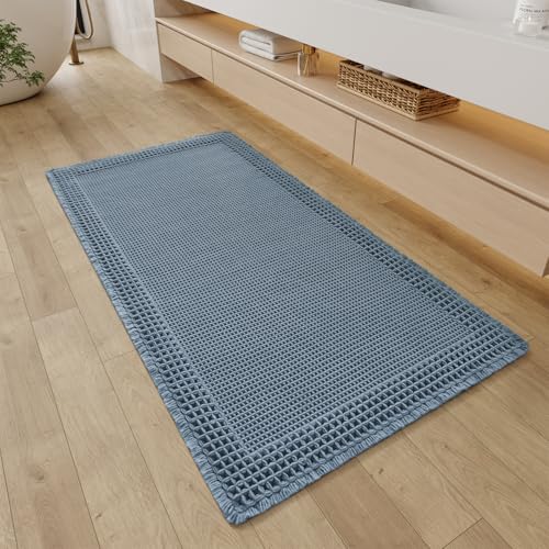 RESARE Waffle Bathroom Runner Rugs, Non Slip Boho Bath Mat 24"x48" Blue | Long Absorbent Bathroom Floor Mats Machine Washable Quick Dry, Soft Solid 2'x4' Bath Rugs with Tassels, Ideal Farmhouse Decor - color: Blue, size: 2' X 4'