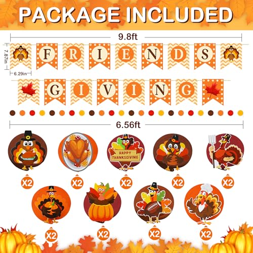 Thanksgiving Party Decorations Set - NO DIY - Friendsgiving Banner & Turkey Hanging Swirls & Circle Dots Garland Banner, Thanksgiving Decorations for Home Office Classroom Friendsgiving Party Decor - style: Friendsgiving