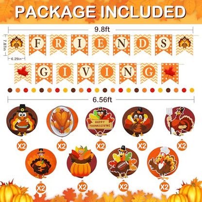 Thanksgiving Party Decorations Set - NO DIY - Friendsgiving Banner & Turkey Hanging Swirls & Circle Dots Garland Banner, Thanksgiving Decorations for Home Office Classroom Friendsgiving Party Decor - style: Friendsgiving