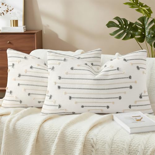 Mecatny Boho Outdoor Throw Pillow Covers 12x20 Set of 2 Beige & Grey - color: Beige and Grey, size: 20" x 12" (Pack of 2)