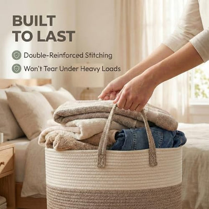 JMvicyroam 65L Extra Large Machine Washable Cotton Rope Blanket Basket - color: White&Brown, size: 65L