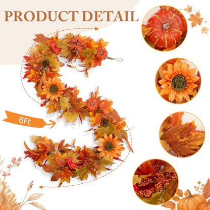 Fall Garland for Mantle, Thanksgiving Autumn Leaves Garlands for Decoration - size: 6 Ft Fall Garland