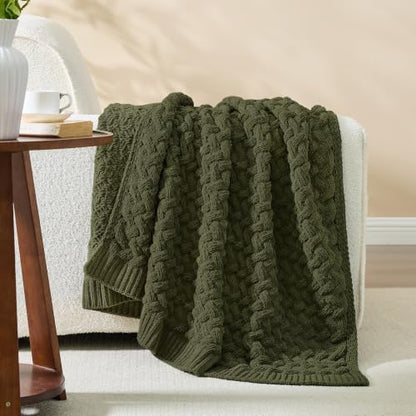 Muted Olive Chunky Knit Throw Blanket,Extra Thick Cozy Sofa Blanket 50x60 - color: Muted Olive, size: 50"x60"