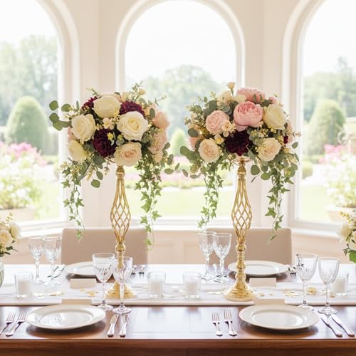 Gold Wedding Vases for Table Centerpieces - Set of 10 Twist Candleholder Stands, Elegant Floral Arrangement Vases, Metal Centerpieces for Reception Table Wedding Road-Leading Home Decor - color: ['Gold'], size: ['10 pieces, 23.23 inches']