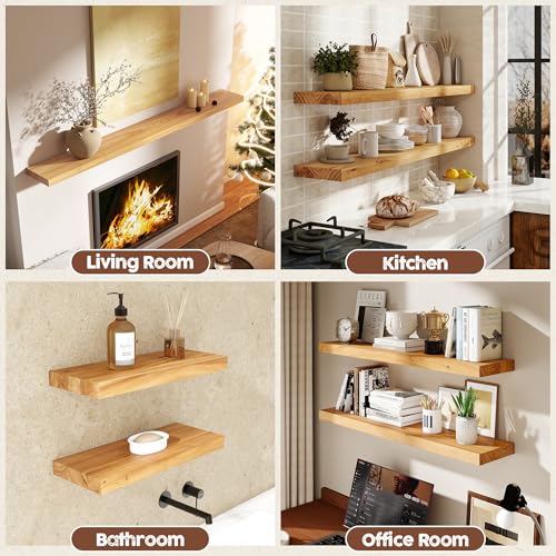 fuqing Floating Shelves for Wall, 72 Inch Rustic Solid Elm Wood Shelves - color: Natural Elm Flat Edge - 6.7"d, size: 72"L - 1Pack