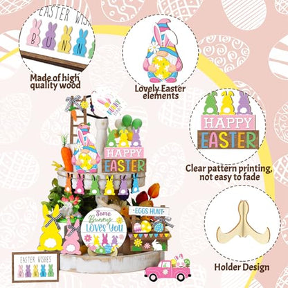 Marsui Easter Tiered Tray Decor Happy Easter Tiered Tray Ornament Rustic Farmhouse Spring Sign Bunny Truck Gnome Egg Wooden Sign for Home Table Decor(Floral Style) - style: Floral Style