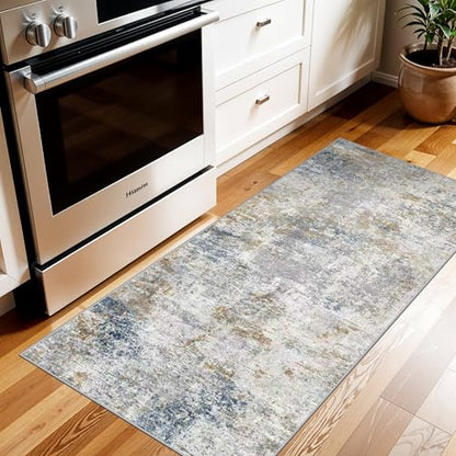 Washable 2x5 Hallway Runner Rug: Abstract Modern Non Slip Entry Floor Mat - color: Blue/Beige, size: 2' x 5' (Rectangular)