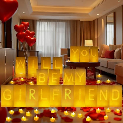 Will You Be My Girlfriend Decorations – Valentine’s Day Surprise Set with Light Up Letters, 30 Tea Light Candles, 2000 Rose Petals, 10 Balloons – Luminary Bags for Romantic Setup - style: Will You Be My Girlfriend