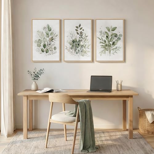 Framed 3 Piece Sage Green Botanical Wall Art for Living Room,16x24 In - color: Green & White, size: 16" W x 24" H x 3Pcs