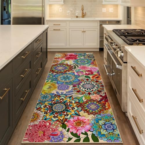 Boho Floral Runner Rug for Hallways Colorful Flowers Kitchen Rug Runner 2x6 Non Slip Washable Boho Rugs Carpet for Hallways Entryway Kitchen Laundry Bedroom Bathroom - color: Boho Floral, size: 2' x 6'