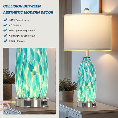 Rinweey 26" Peacock Green Glass Table Lamp for Bedroom Living Room,Coastal Nautical Bedside Lamps with USB Ports & AC Outlet,Touch Lamps with Night Light,Single Peacock Green - color: Peacock Green-1P