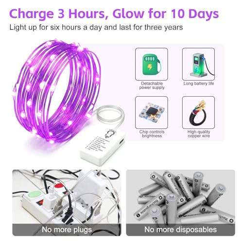 8 Pack Rechargeable LED Fairy Lights 7Ft 20LED Battery Operated - color: Purple