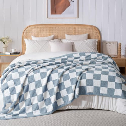 Exclusivo Mezcla Checkered Knit Blanket Twin Size for Bed, Stone Blue - color: Stone Blue, size: Twin (60"x80")