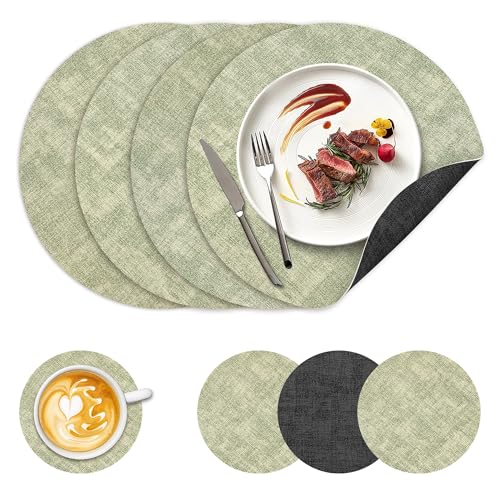 NCUE 13" Faux Leather Round Placemats Set of 4, Reversible Dual-Color - color: Deep Gray Light Green