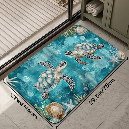 Ocean Turtle Bathroom Rug 29.5"x17", Super Absorbent Fast Drying Bath Mat with Non-Slip Rubber Backing, Thin Low-Profile Easy-Clean Bathroom Floor Mat for Shower or Tub - color: Ocean Turtle