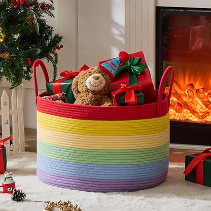 KAKAMAY Large Blanket Basket with Handles, Storage Basket for Living Room - color: Rainbow