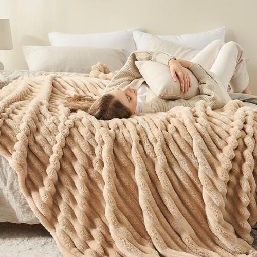 NEWCOSPLAY Fleece Ribbed Cozy Throw Blanket for Couch, Brown, 50"x60" - color: Brown Ribbed, size: Throw(50"x60")