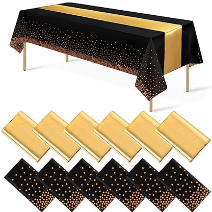 12Pack Disposable Plastic Tablecloths and Satin Table Runner Set Black and Gold Dot Tablecloth Gold Satin Table Runner for Wedding Birthday Baby Shower Anniversary Christmas New Year Party Supplies - color: Black and Gold, size: 12 Pack