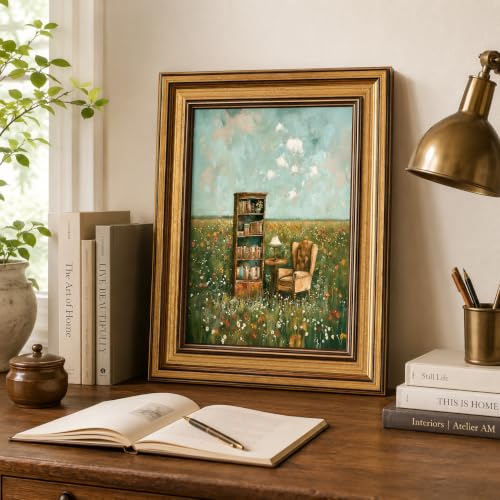 Gold Framed Vintage Book Nook Canvas Wall Art for Library Reading Room,Whimsical Bookshelf Print Pictures, Book Lover Wall Decor 12"x16" - color: Open-Air Library, size: 16"L x 12"W