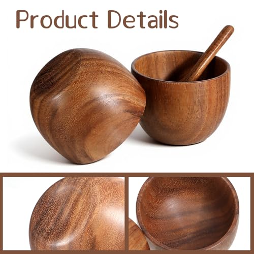 4 Pack Acacia Wooden Bowl with 4 Pcs Spoon Wooden Dipping Bowls Round Wood Salad Hand Carved Calabash Dip Tray for Condiments, Jam, Nuts, Appetizer, Snack, Yogurt, Ketchup, Barbecue Sauce(3 Inch) - size: 3 Inch