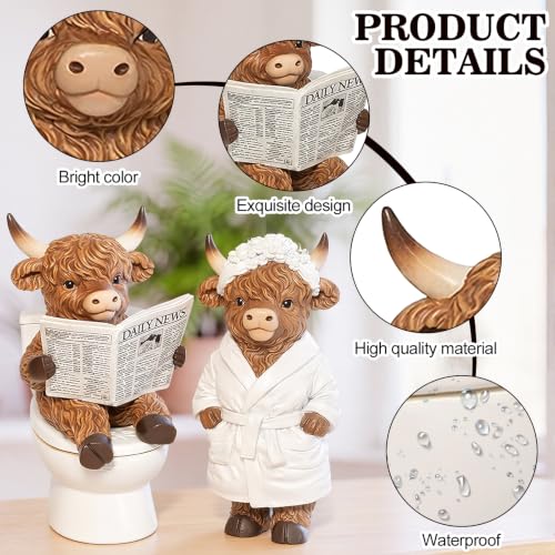 Karenhi 2 Pcs Highland Cow Figurines, Funny Bathroom Resin Statues Decor - style: Bathroom