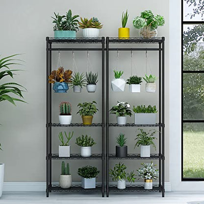 Xiofio 4-Tier Plant Shelf for Indoor Plants Outdoor, Large Multiple Flower Pot Holder Rack，Hanging Plant Stand 6pcs Hooks ,Adjustable Plant Stand Suitable for Bedroom Living Room Balcony Garden,Black
