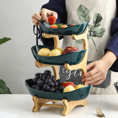 XUDREZ 3-Tier Ceramic Fruit Basket with Bamboo Tray, Large Capacity - color: Green