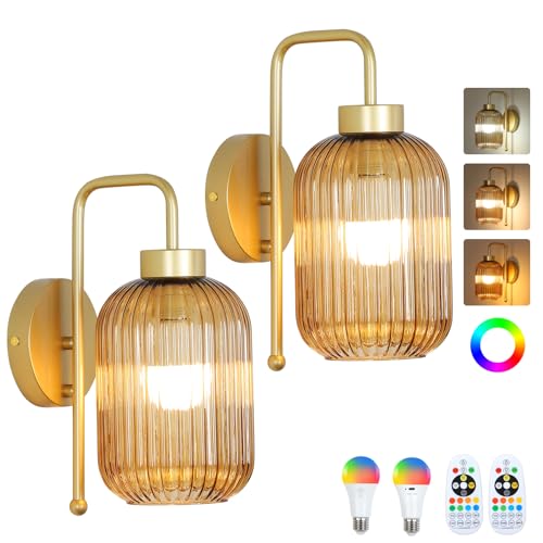 LAMSU Vintage Gold Wireless Wall Sconces Battery Operated, Rechargeable Wall Lights Set of 2 with Amber Stripe Glass Shade, Remote and Bulb, Cordless Sconces Wall Decor for Bedroom Living Room - color: Gold-Amber Shade