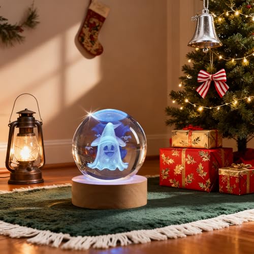 3D Ghost Crystal Ball Night Light,2.36inch Laser Engraved Led Light with Wooden Base, Gifting Box for Birthday Xmas Cool Figurines Gifts for Halloween Room Decor Boys Girls - color: Blue