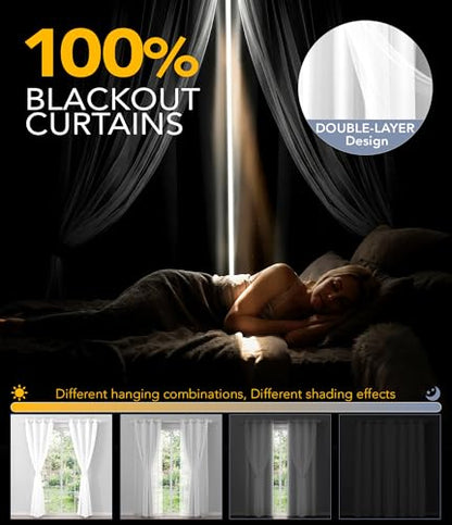 100% Blackout Curtains with Sheer, Greyish White, 52 x 63 inch, 2 Panels - color: Greyish White, size: 52"W x 63"L (Pack of 2)