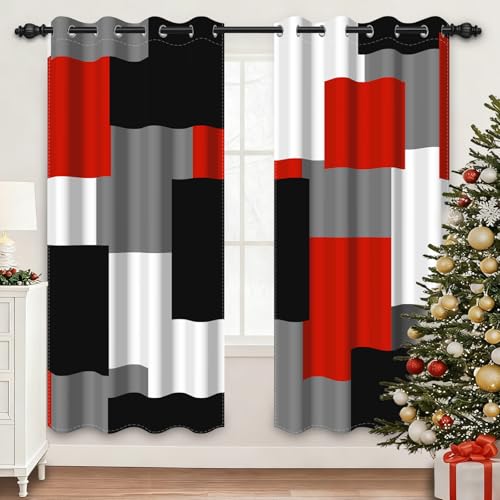 95% Blackout Curtains for Bedroom 84 Inch Long 2 Panels Set Red Gray White Modern Abstract Geometric Black Out Curtains Insulated Room Darkening Window Drapes for Living Room, 52Wx84L - color: 01 Red, size: 52"W x 84"L (Pack of 2)