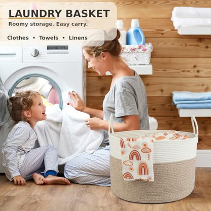 XUANGUO 66L Large Blanket Basket, Round Cotton Rope Basket, White & Brown - color: white and brown