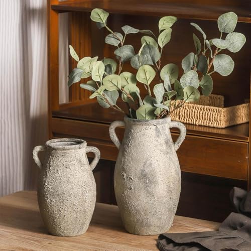 Ceramic Rustic Vase with Handle, 11.3 Inch Tall Farmhouse Vase - color: 102-3-11.3in